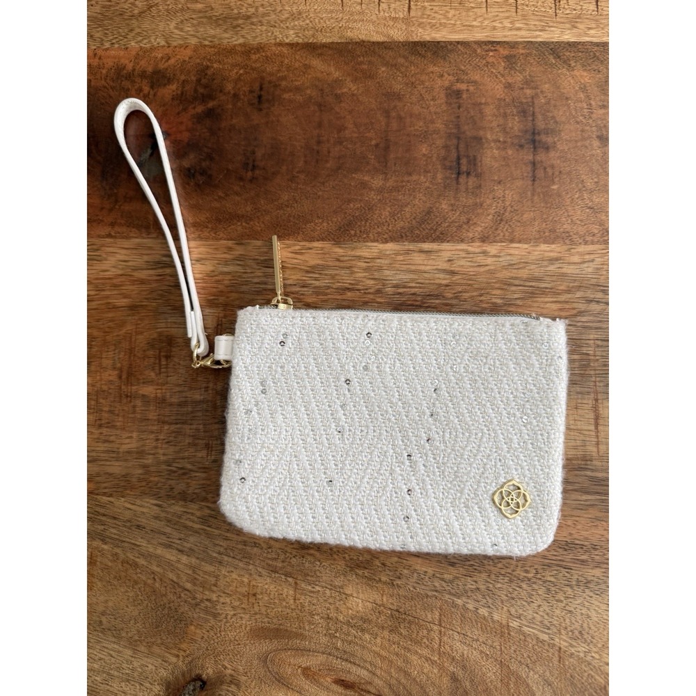 Kendra Scott White Tweed Sequin Wristlet Pouch Clutch Cosmetic Bag NWOT